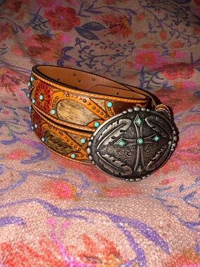Ariat Brown Tooled Leather Belt with Turquoise Accents and Ornate Silver Buckle